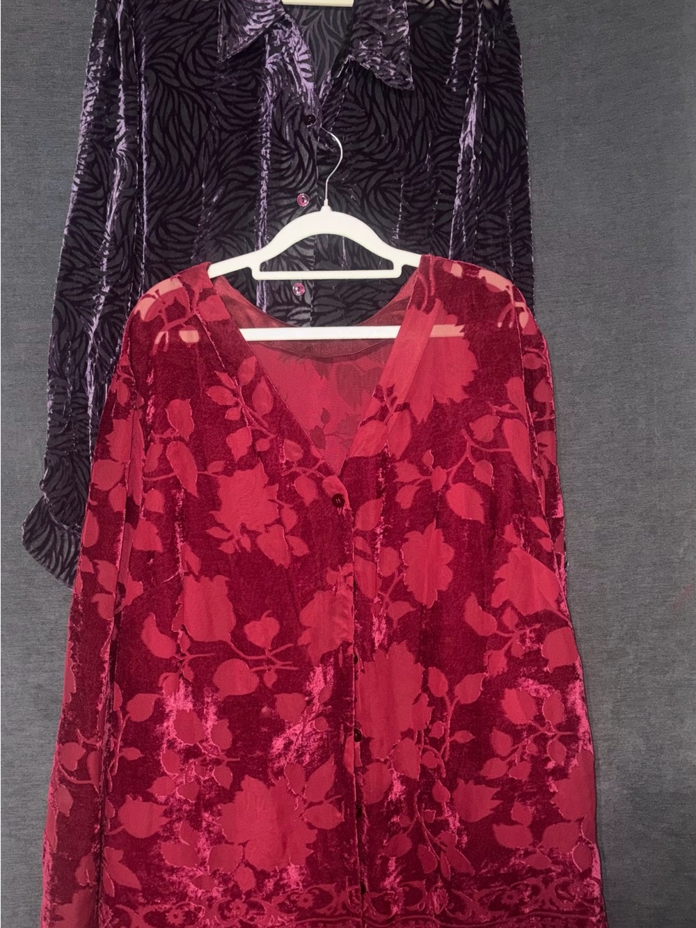 Red Floral Burnout Velvet V-Neck Women's Blouse and Purple Burnout Blouse.